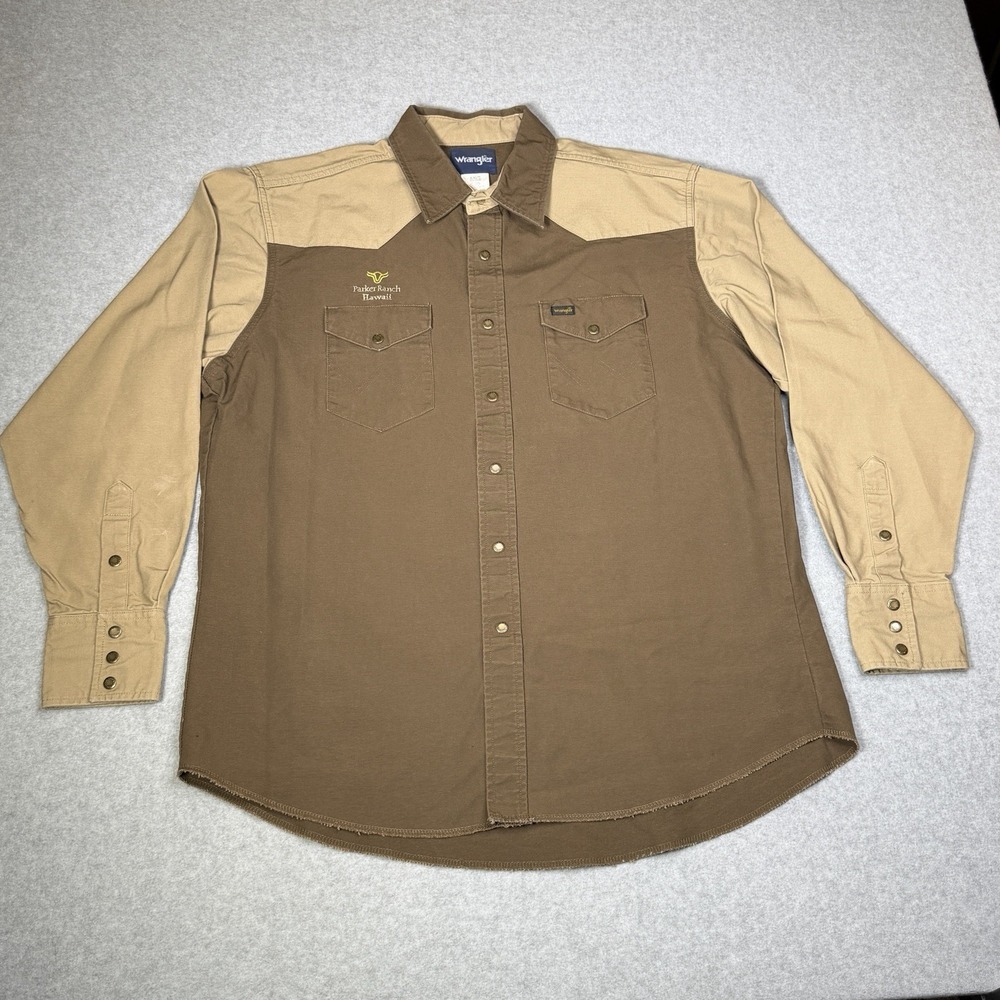 Rare Parker Ranch Hawaii Vintage Wrangler Shirt Men XL Brown Canvas Snap Western